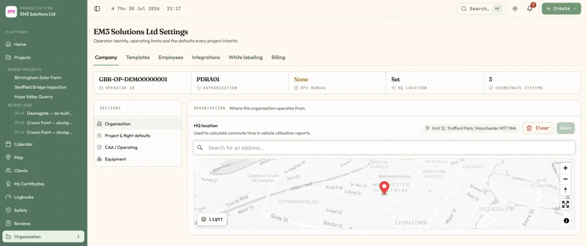 The Organization Settings page showing the six tabs with Company active