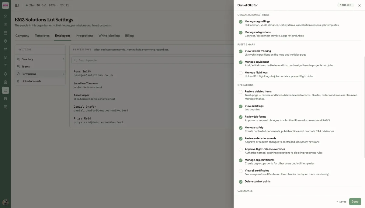 The employee permission sheet with the role buttons and the grouped capability toggles